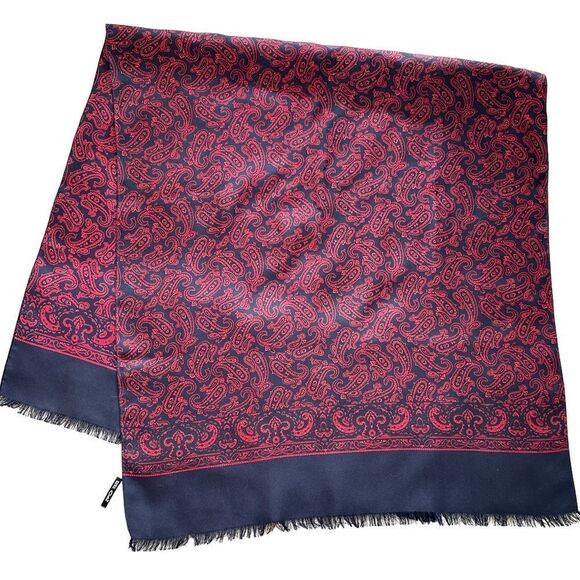 Red navy vintage silk paisley fringe scarf Italy 23.5” x 50”-Codes label lux - Picture 6 of 13